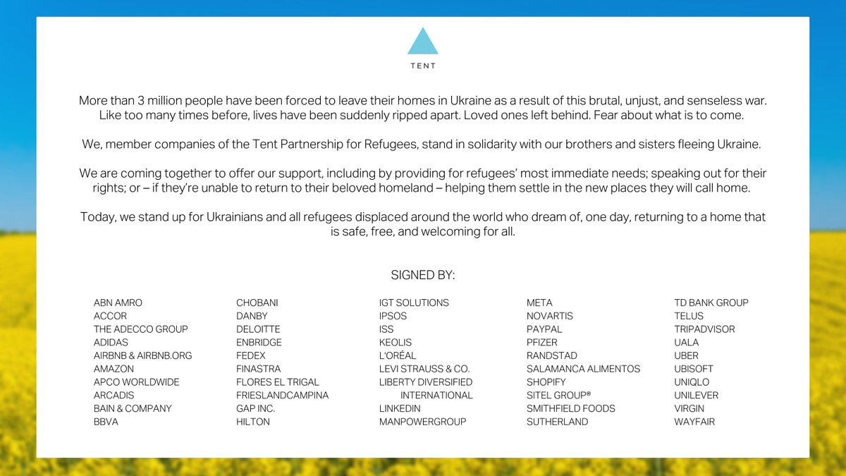 🇺🇦 ISS stands proudly, with 40+ companies who are members of @TentOrg, in solidarity with the people of Ukraine. We support the more than 3.5 million #refugees who have fled, and hope for a peaceful resolution to this conflict. Read more: bit.ly/3NoMeUL