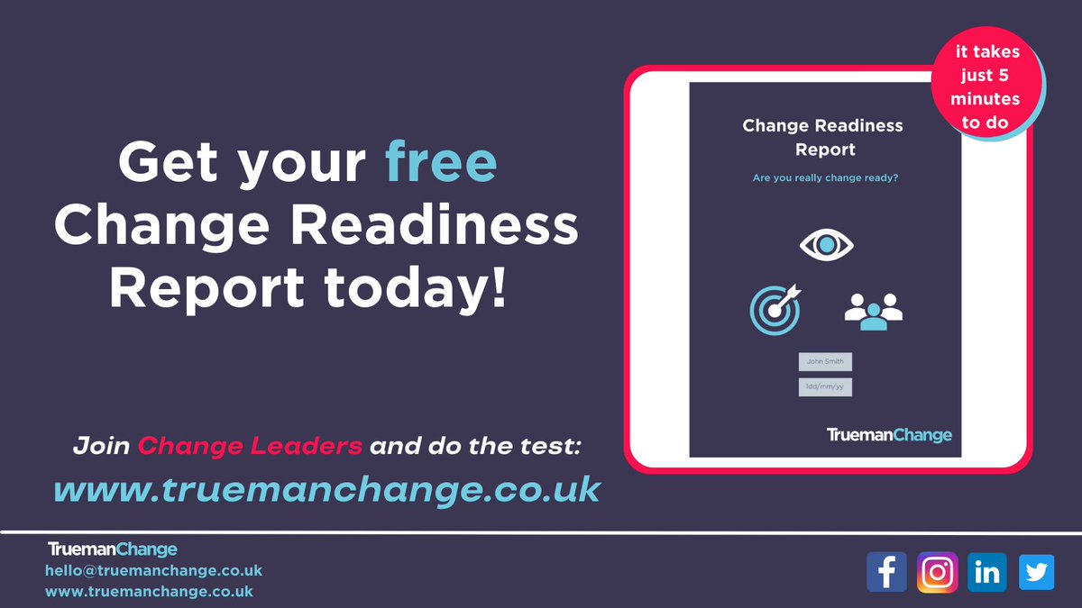 TruemanChange's tweet photo. Do you feel change ready?

We have designed a simple tool to let you know just how change ready you are. It takes 5 minutes to answer 12 yes/no/sometimes questions and you will get a bespoke PDF report sent straight to your inbox 

Take the test now: https://t.co/Iy1Nl0bQDF https://t.co/rEvOKTNO8I