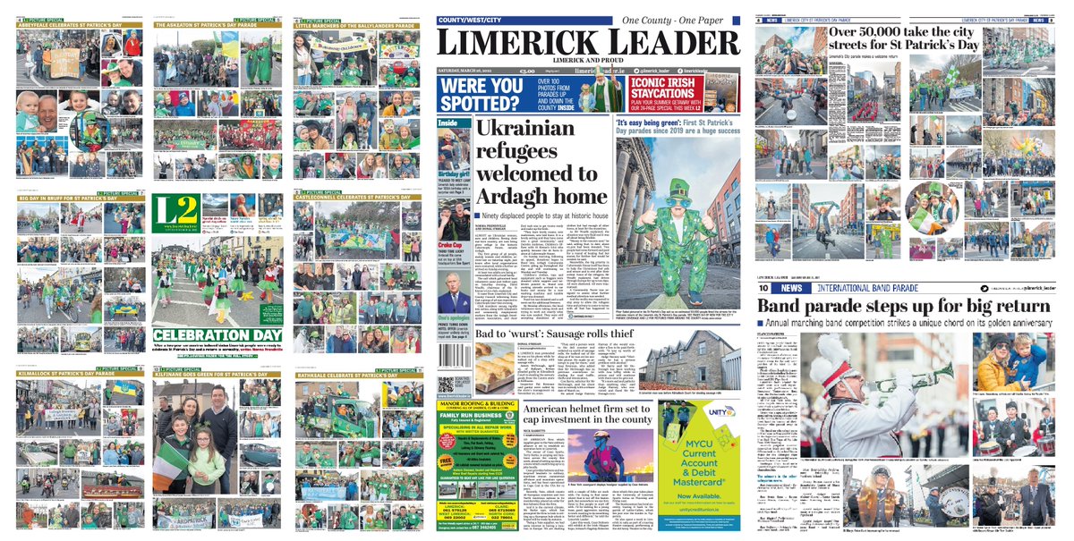 Limerick_Leader's tweet photo. It's Wednesday which means this week's bumper edition of the Limerick Leader ๐๏ธis on sale now. In addition to more than 100 photographs from #StPatricksday parades across #Limerick, there is also a 24-page #staycation guide - in shops and online #OneCountyOnePaper #LLStPatrick https://t.co/rOrwnnDQVY