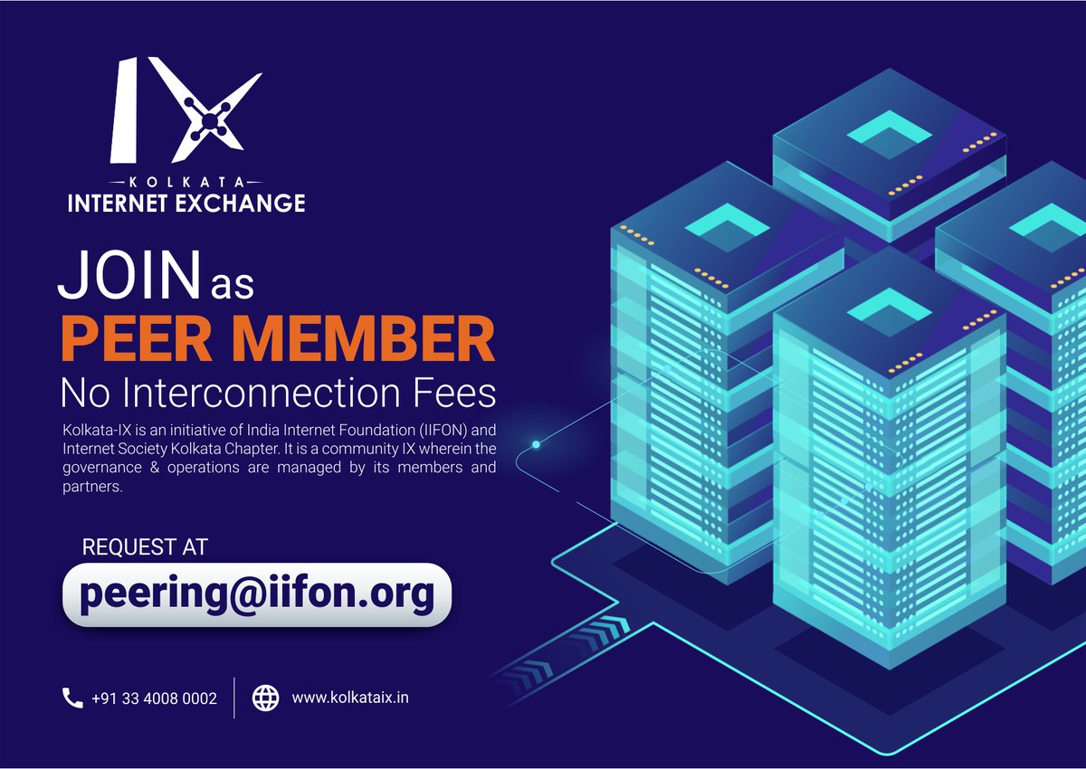 kolkataix's tweet photo. Kolkata-IX is an initiative of the India Internet Foundation (IIFON) and Internet Society Kolkata Chapter. It is a community IX wherein the governance &amp; operations are managed by its members and partners.
Request At
peering@iifon.org
LINK: https://t.co/Vk50SL49iE https://t.co/MdlhIralYW
