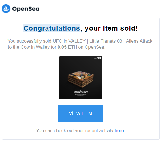 theACKart's tweet photo. Congratulations, your item sold!

GM 👋 I can't believe!! 🥳😍 I sold my first NFT!  🎉💕

Ufo in Valley sold to @RichyConzy on @opensea ! Thanks RichyConzy! 💕

#nft #nfts #nftsold #NFTCommunity  #nftcollector  #nftart  #NFTartist #NFTCollection  #nftsale #OpenSeaNFT #opensea https://t.co/ykx8rRWgUK