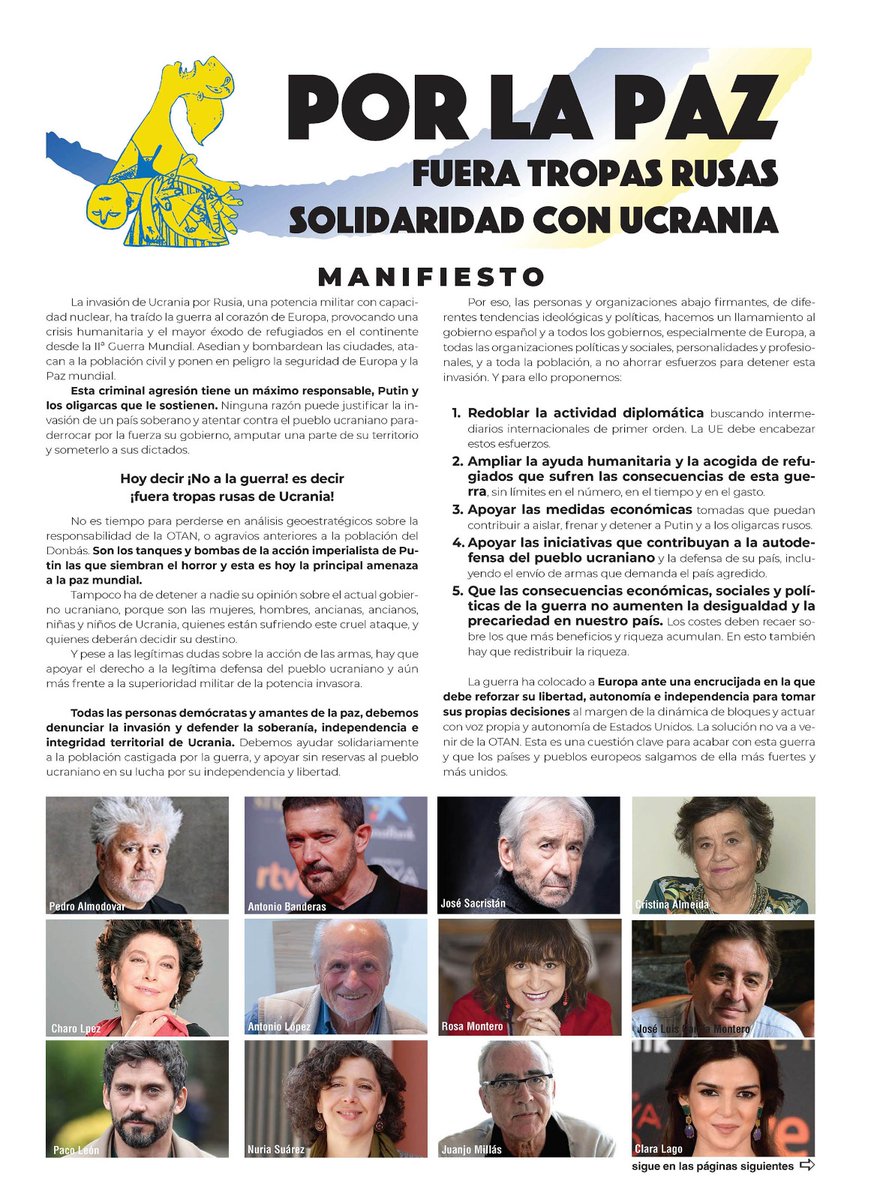 Hoy se publica en <a href="/el_pais/">EL PAÍS</a> un manifiesto que hemos promovido <a href="/RecortesCero/">Recortes Cero 👌🏽</a> porque "Hoy decir: #NoALaGuerra es decir fuera tropas rusas de Ucrania",  esta es la principal amenaza para la paz mundial. Gracias a todos los firmantes, hoy empezamos la campaña por la #PazEnUcrania