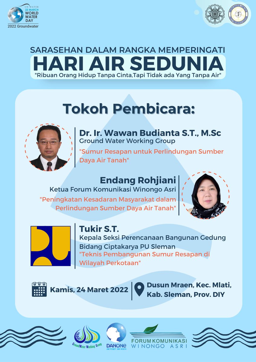 gwwg_ugm's tweet photo. WORLD WATERDAY 2022

Selain mengadakan pembuatan sumur resapan, GWWG bekerjasama dengan HMTG-FT UGM dan FKWA juga mengadakan sarasehan mengenai airtanah dan sumur resapan, mau tau hubungan keduanya? Yuk ikuti acaranya,

📅 : 24 Maret 2022
📍 : Dusun Mraen

#WWD2022 #GROUNDWATER https://t.co/ZbBwJkmgL3