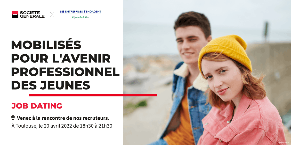 wizbii's tweet photo. 🔍 À la recherche d’un emploi à #Toulouse ? @SocieteGenerale vous invite à son Job Dating le 20/04 ! 💼 Rencontrez les recruteurs de votre ville et échangez avec eux dans une ambiance conviviale. 
Infos et inscriptions 👉 https://t.co/pD6Ng4go7y https://t.co/be0MDMOMaP