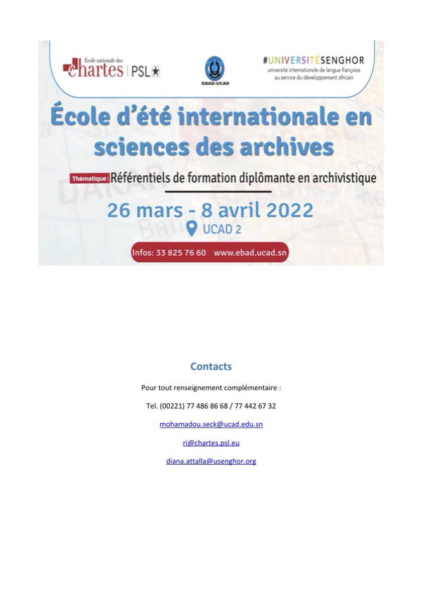 UCAD_Senegal's tweet photo. 👨🏽🎓👨🏽🎓
@EbadUcad, @Ecoledeschartes, @USenghor organisent une #Écoledété internationale en sciences des archives
🗓26 mars-8 avril
📍UCAD II
Définir un socle référentiel commun pour consolider les formations encadrées dans leur établissement respectif
#UCAD #kebetu #senegal #RAFAA https://t.co/W2iXU3VN6d