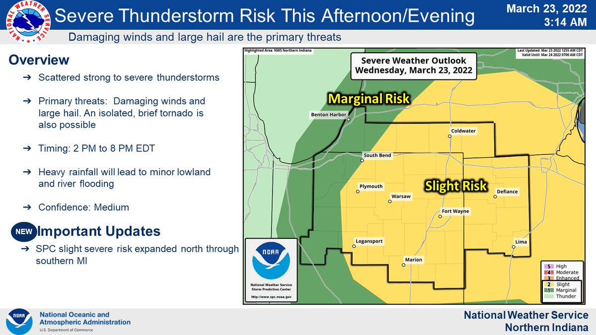 Slight risk for scattered strong to severe thunderstorms later today across the region. Most likely severe weather threats are damaging wind gusts and large hail this afternoon into the evening hours. Locally heavy rainfall atop already saturated soils will lead to some flooding.