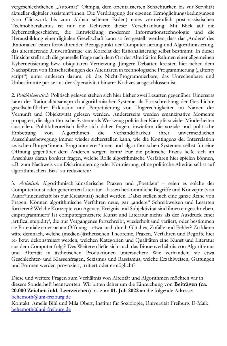 Behemoth - Journal (@behemoth_jour) on Twitter photo #callforpapers für das Behemoth Issue 02/2022 "Alterität der Algorithmen. Algorithmen der Alterität", das <a href="/sebezero/">sebastian berg (inaktiv)</a>, @annkako06, <a href="/FMaschewski/">Felix Maschewski</a>, <a href="/t_matzner/">Tobias Matzner</a> und <a href="/AnnaNosthoff/">Anna-Verena Nosthoff</a> herausgeben werden!
wir freuen uns auf Einreichungen 🖊️ bis 1. Juli #callforpapers für das Behemoth Issue 02/2022 "Alterität der Algorithmen. Algorithmen der Alterität", das <a href="/sebezero/">sebastian berg (inaktiv)</a>, @annkako06, <a href="/FMaschewski/">Felix Maschewski</a>, <a href="/t_matzner/">Tobias Matzner</a> und <a href="/AnnaNosthoff/">Anna-Verena Nosthoff</a> herausgeben werden!
wir freuen uns auf Einreichungen 🖊️ bis 1. Juli