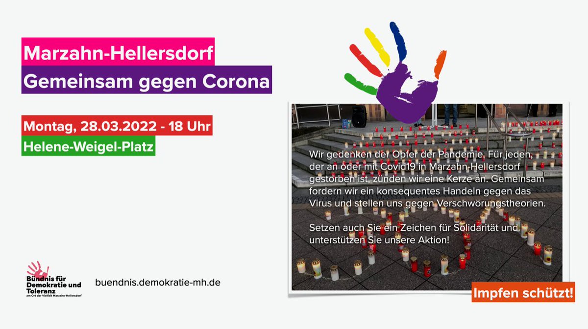 28.3.2022 Marzahn-Hellersdorf: Gemeinsam gegen Corona! 

Mehr dazu: buendnis.demokratie-mh.de/aktuelles/28-3…

#mahesolidarisch #solidarischekiezemh #stopthewar #makelovenotwar