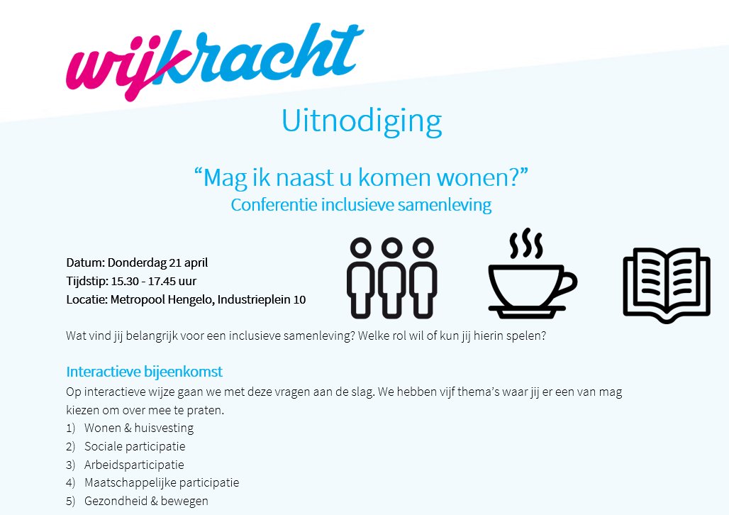 Op donderdag 21 april organiseren wij (samen met partners) in #Hengelo een conferentie 'inclusieve samenleving'. Praat je mee? wijkrachtacademie.nl/event/conferen…