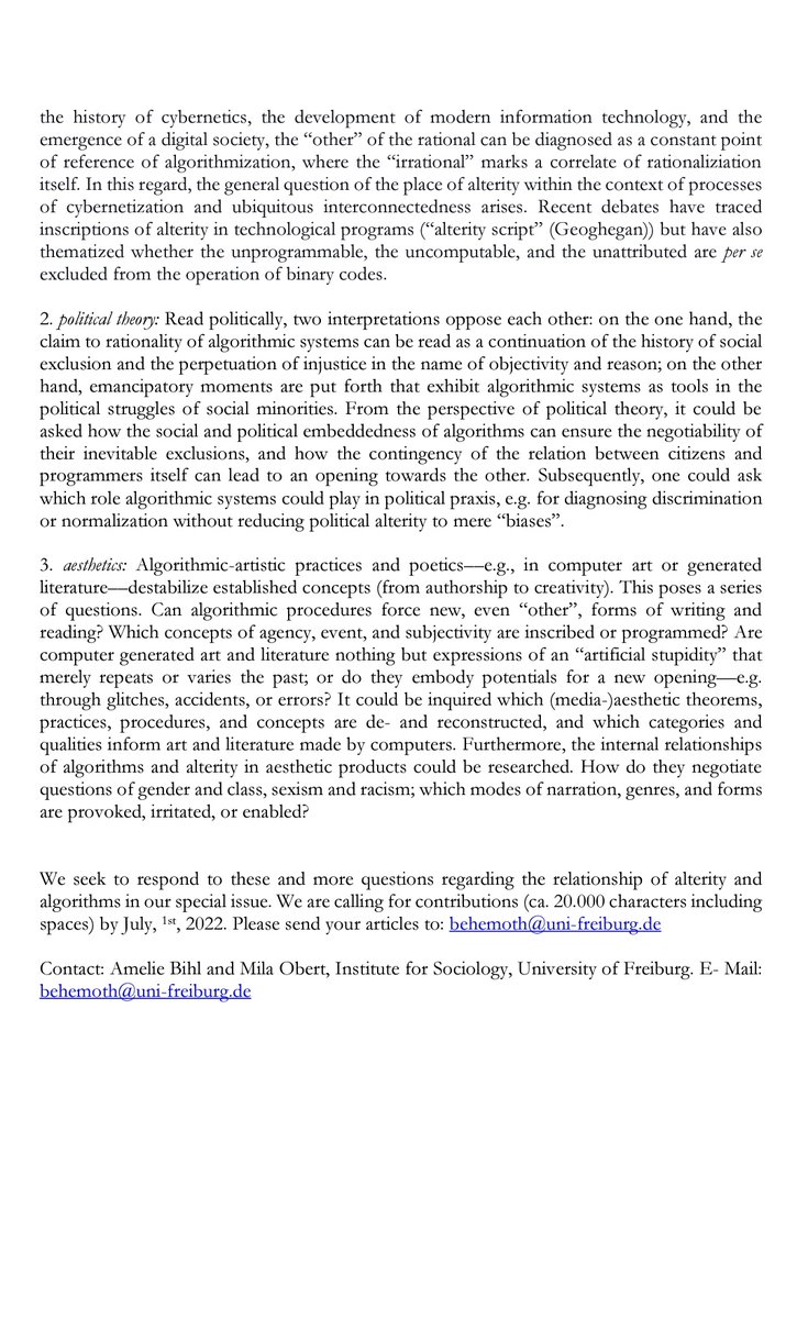 Behemoth - Journal (@behemoth_jour) on Twitter photo #callforpapers for Behemoth Issue 02/2022 "Alterity of Algorithms. Algorithms of Alterity", edited by <a href="/sebezero/">sebastian berg (inaktiv)</a>, @annkako06, <a href="/FMaschewski/">Felix Maschewski</a>, <a href="/t_matzner/">Tobias Matzner</a> and <a href="/AnnaNosthoff/">Anna-Verena Nosthoff</a>!
looking forward to your submissions 🖊️ until 1st of July #callforpapers for Behemoth Issue 02/2022 "Alterity of Algorithms. Algorithms of Alterity", edited by <a href="/sebezero/">sebastian berg (inaktiv)</a>, @annkako06, <a href="/FMaschewski/">Felix Maschewski</a>, <a href="/t_matzner/">Tobias Matzner</a> and <a href="/AnnaNosthoff/">Anna-Verena Nosthoff</a>!
looking forward to your submissions 🖊️ until 1st of July