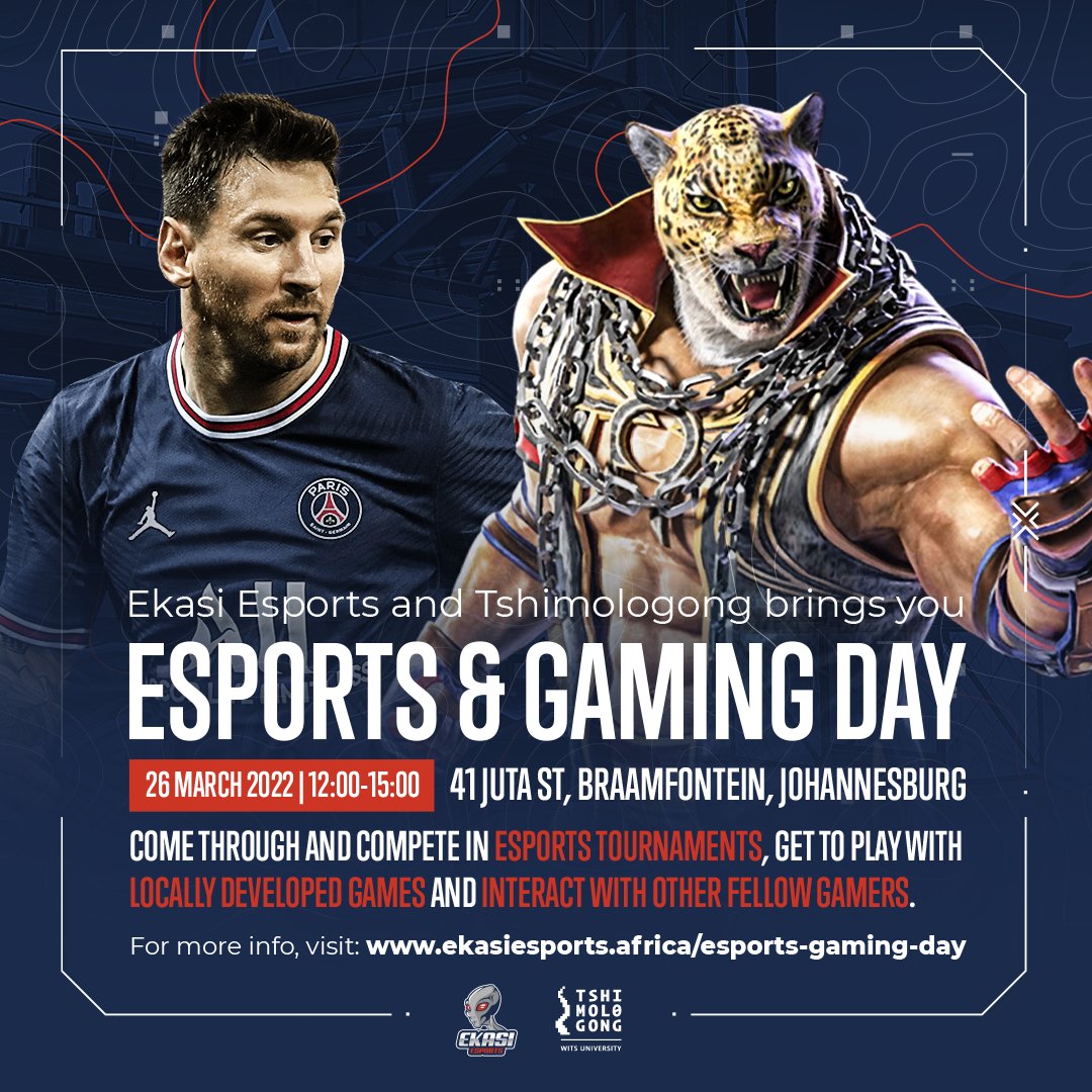 TshimologongIT's tweet photo. Come join us for our Esports & Gaming Day in partnership with @EkasiEsports.
You get to:
• Compete in Esports tournaments
• Experience locally developed games
• Meet other fellow #gamers
26 March 2022
12:00 – 15:00
Venue: 41 Juta Street Braam
▶️https://t.co/N884LijXLG https://t.co/ryN7Pyhr7d
