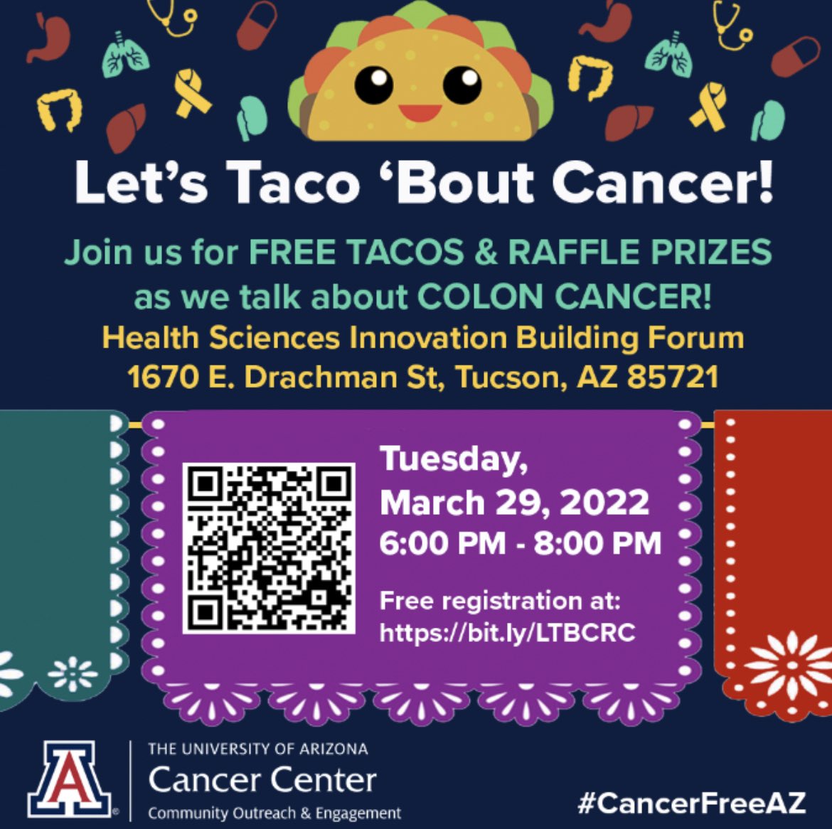 FREE TACOS for our very first Live Let’s Taco ‘Bout Cancer! 🌮 🌮 in the beautiful Health Sciences Innovation Building.
Join us to learn about colorectal cancer at our free event!
Be sure to register:  bit.ly/LTBCRC