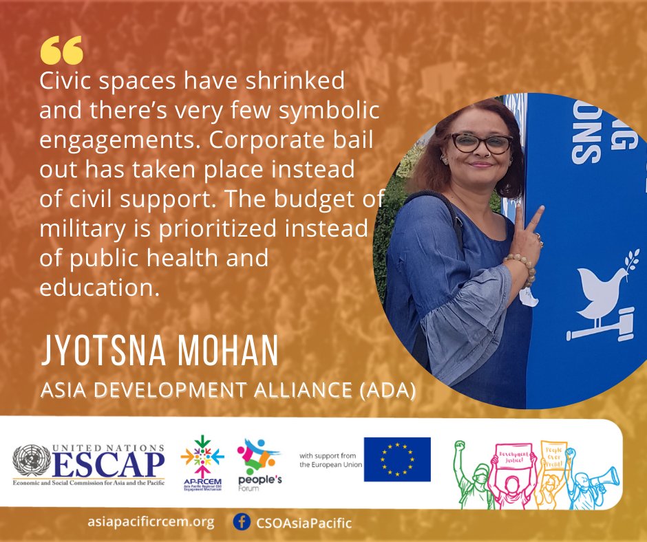 AsiaPacificRCEM (@ap_rcem) on Twitter photo #HAPPENINGNOW: Day 2 of Asia Pacific Peoples' Forum on Sustainable Development 2022
Jyotsna Mohan of <a href="/alliance_asia/">Asia Development Alliance</a> highlighted how civic spaces have shrunk further and that the VNR process continues to marginalize other development actors.
#DevelopmentJusticeNow
#APFSD2022 #HAPPENINGNOW: Day 2 of Asia Pacific Peoples' Forum on Sustainable Development 2022
Jyotsna Mohan of <a href="/alliance_asia/">Asia Development Alliance</a> highlighted how civic spaces have shrunk further and that the VNR process continues to marginalize other development actors.
#DevelopmentJusticeNow
#APFSD2022