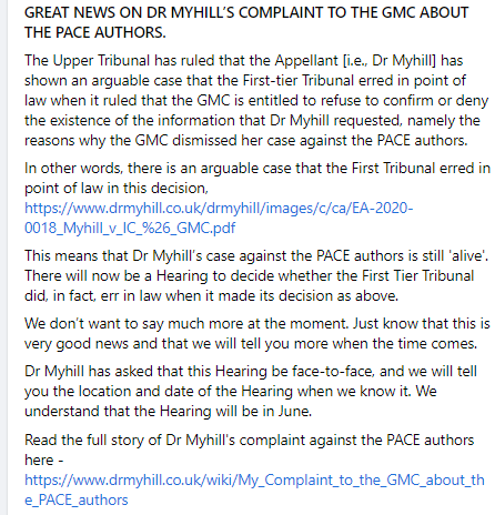 MyhillNews's tweet photo. GREAT NEWS ON DR MYHILL’S COMPLAINT TO THE GMC ABOUT THE PACE AUTHORS.
Dr Myhill has shown that there is an arguable case that the First Tribunal erred in point of law in this decision, https://t.co/arcKXZKYlD
See Screenshot. #PWME #PACEtrial #PACEFraud #ME #CFS #MyalgicE #CFSME https://t.co/cO7BbmlZtY