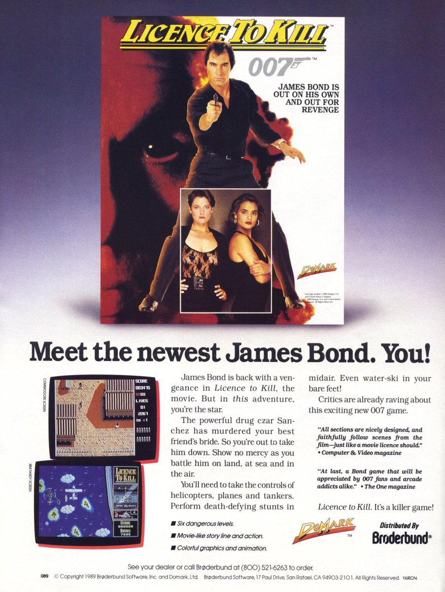 TakodanTweets's tweet image. 1990 ad for the movie game 'License to Kill' by #Domark #Broderbund on #Commodore #PC