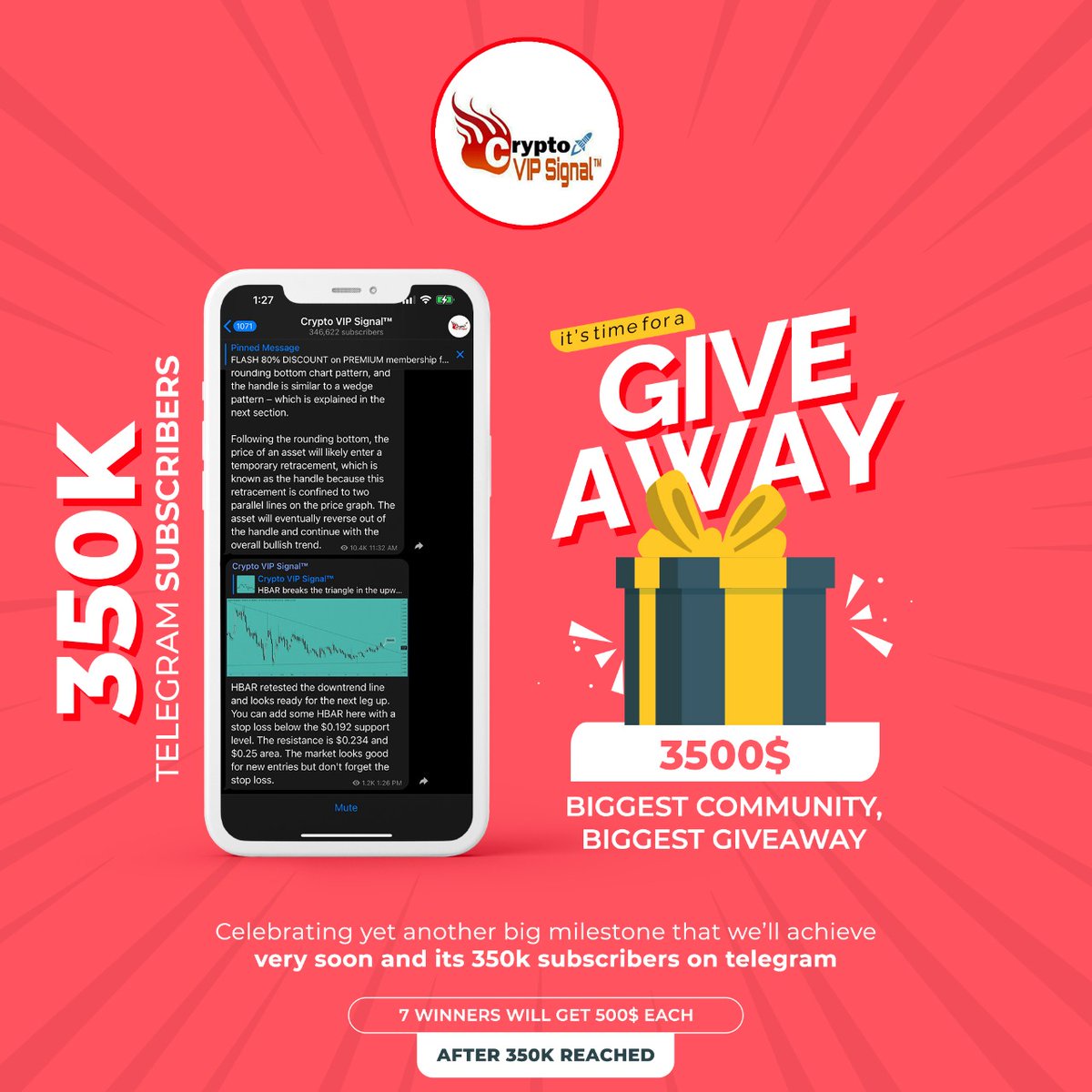 To celebrate the 350k members milestone we giving away $3500.
Rules to participate: 
1. Join TG- T.me/CryptoVIPSigna…
2. Follow,Like, retweet and tag two friends on #Twitter
3. Comment #Telegram Username
 
7 random winners will get $500 reward.
#Giveaway #BTC #cryptocurrency
