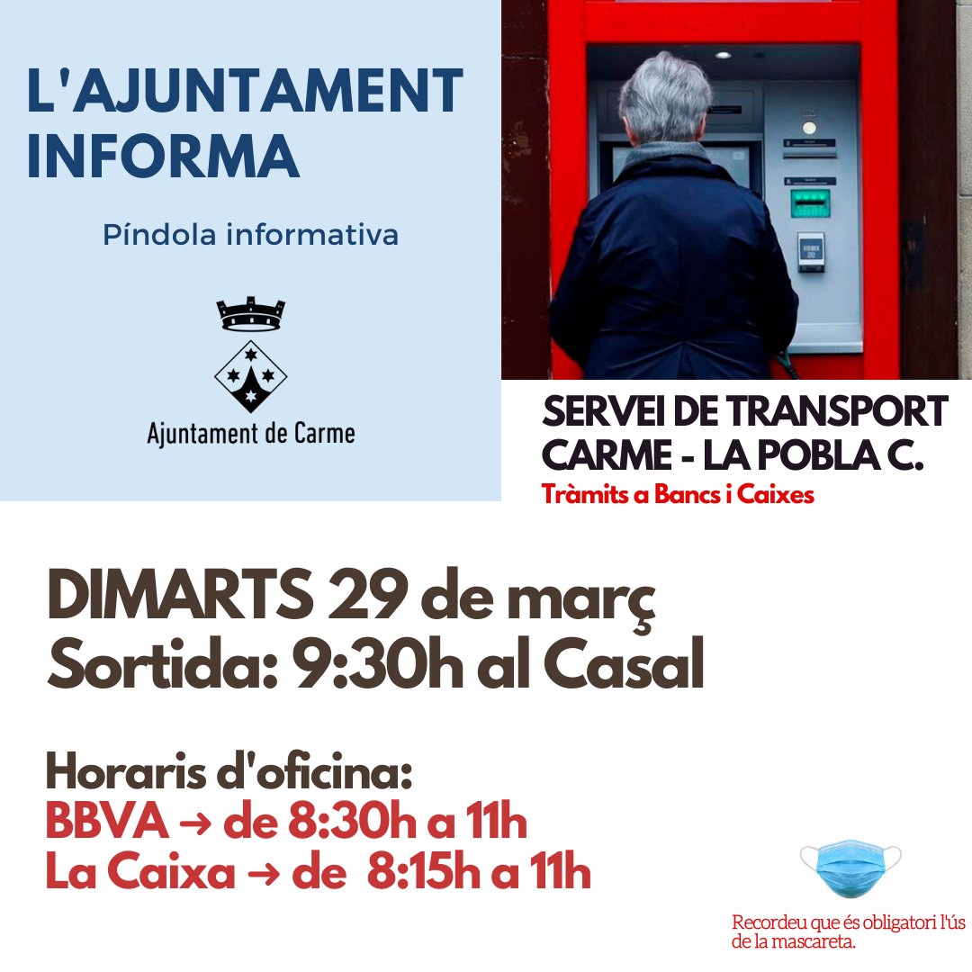 ajcarme's tweet photo. 🚖TRÀMITS BANCARIS🏦

Aquest proper dimarts 29 de març es realitza el servei de taxi per fer tràmits bancaris. Recordem que el taxi surt a les 9:30 del Casal de Carme i fa el trajecte fins les oficines bancàres de La Pobla de Claramunt. Es prega puntualitat i mascareta. https://t.co/K412OHS0bN