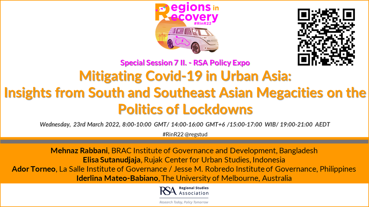 SuedeAt's tweet photo. Just finished the first fascinating speaker at this #RinR22 @regstud session organised as part of RSA Policy Expo "Tackling a global pandemic in Asian Megacities: Uneven vulnerabilities, State responses and grassroots practices” - Call for Evidence: https://t.co/OUkL9QqIbm https://t.co/bUrKkTqiUz