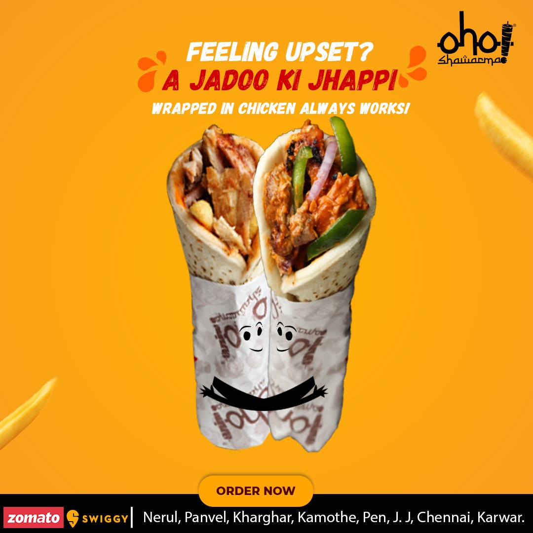 OhoShawarma's tweet photo. Give your tummy a jadoo ki jhappi with our Shawarma and feel perfectly fantastic.
Visit our store or order now from Zomato &amp; Swiggy.
Our stores are located at:
📍Nerul
📍Kharghar
📍New Panvel
📍Chennai
📍Kamothe
📍 Karnataka
📍 J.J Mumbai Central
📍Pen
#oho #ohoshawarma https://t.co/rRMMHVcWbv
