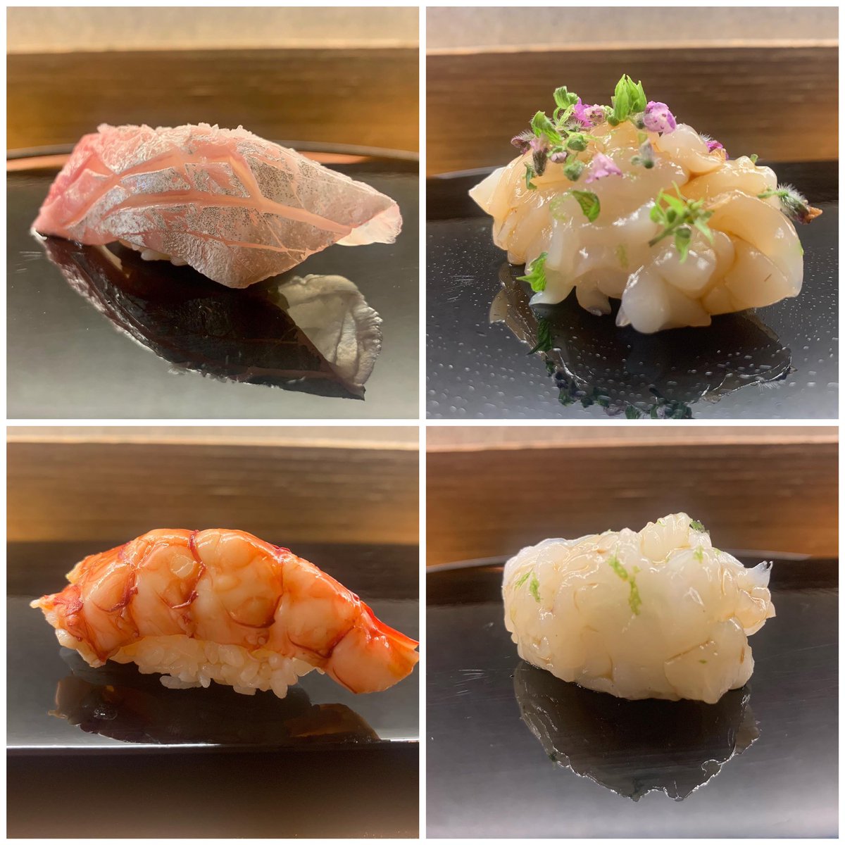 Bonbibendum's tweet photo. La sensibilidad y el oficio de @FlemyngJanek se transmiten en cada pieza que sale de sus manos, en las que la temperatura, tanto de los pescados como del arroz, es la ideal: 
- Ventresca de dorada.
- Vieira.
- Carabinero al vapor.
- Sepia.

#sushibarhanna https://t.co/UsWRsCQiAN