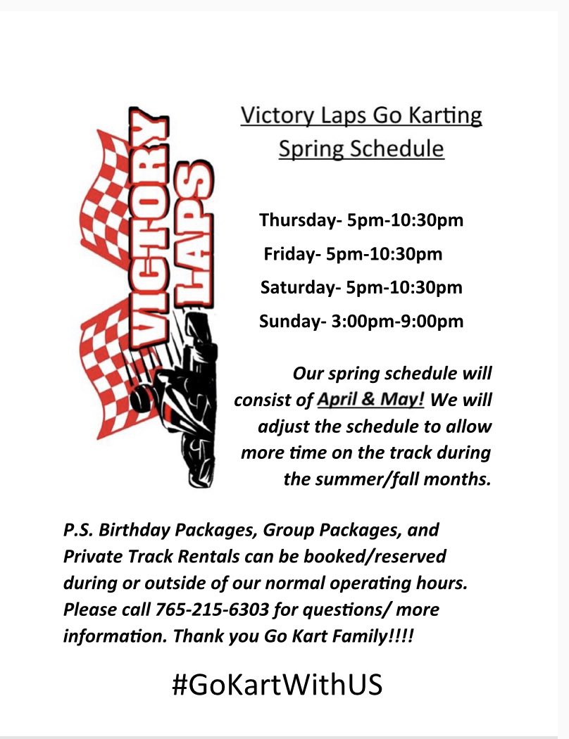 victorylaps765's tweet photo. Our spring schedule is here! We will be open to the public on Friday, April 8th @ 5pm. #VictoryLaps #SpringSchedule #GoKartWithUs https://t.co/i4IzMjcNbc