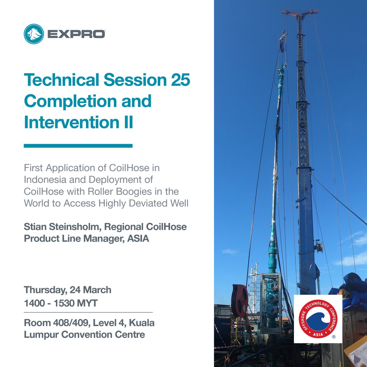ExproGroup's tweet photo. This week our industry expert, Stian Steinsholm, will be presenting a CoilHose world first with #PTPertamina at #OTCASIA2022
Join Stian on Thursday, 24th March, at #OTCAsia22 to find out how we successfully executed this exciting project. https://t.co/yQd0Aghb0g