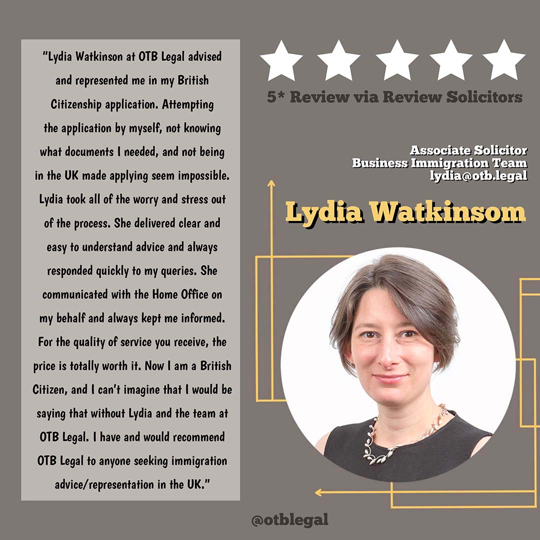 - 'Lydia took all the worry and stress out of the process' 🤩👏

Another well deserved 5* review for OTB's Lydia Watkinson! 🤚⭐️

#reviewsolicitors #personalimmigrationadvisoruk #businessimmigrationvisas #workvisa #UKWorkVisa #5starreview #ratedlawyers #topratedlawyer