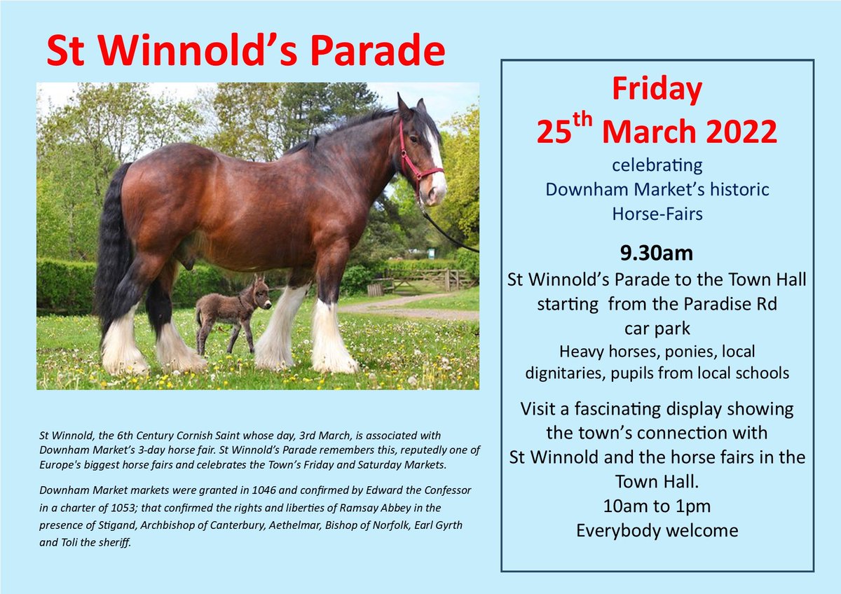 This Friday we've got a very special event happening to celebrate Downham Market's historic horse fairs. Join us for St Winnolds Parade to the Town Hall on Friday 25th March at 9:30am and then visit a fantastic display in the Town Hall, from 10am-1pm.