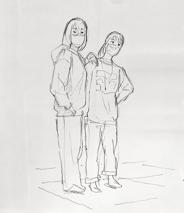 クロッキー会でした。今回は2人をテーマに描きました。5分半で。2枚目の奥は鏡に映りこんだ姿です。いつもより大まかに描いています。 