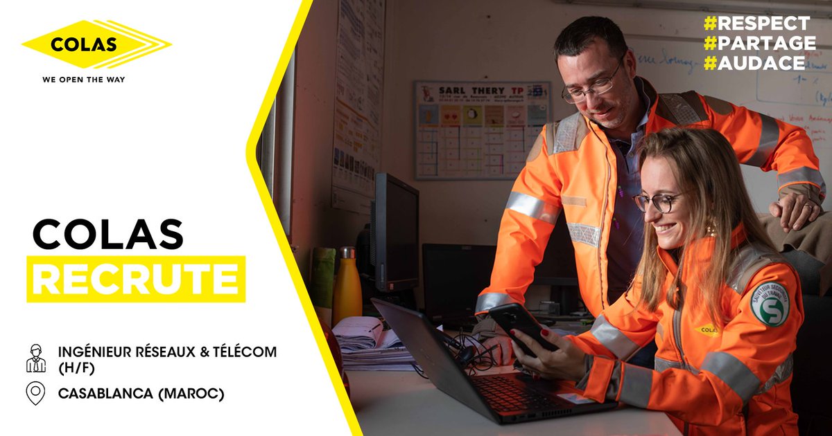 📢 Recrutement ! 📢

 ➥ Vous êtes à la recherche de nouveaux challenges ? Colas recherche son Ingénieur Réseaux &amp; Télécom (H/F) sur Casablanca !

Pour postuler ou en savoir plus sur l’offre, c'est par ici : bit.ly/36fUZzJ

#ColasAfrique #Recrutement #CasaBlanca