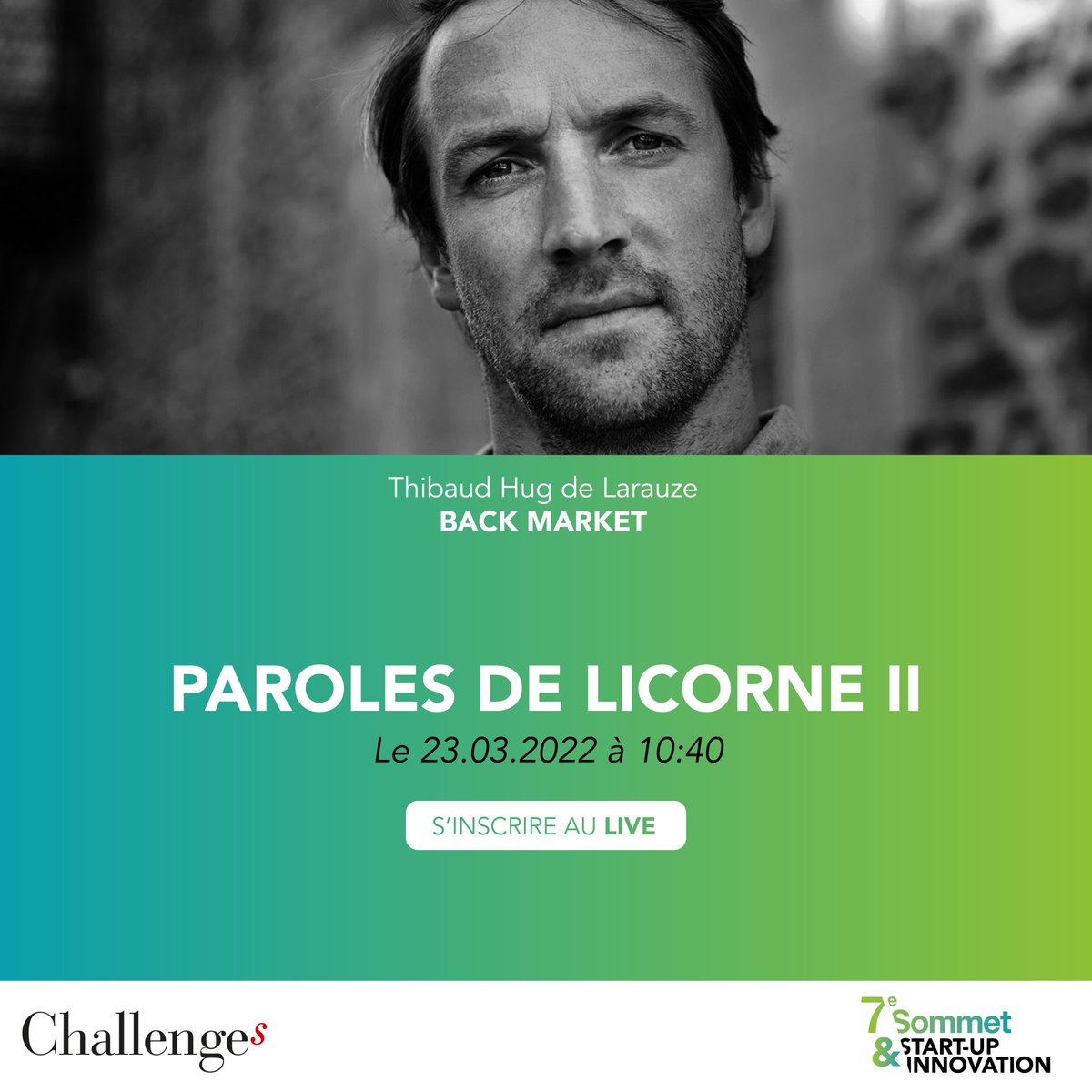 Challenges's tweet photo. [LIVE] Notre table-ronde sur "Parole de licorne II" commence dans 5 minutes.

🎙️ Avec Thibaud Hug de Larauze, co-founder &amp; CEO @back_market et animé par Claire Bouleau (Challenges)

 ➡ À suivre en direct ici : https://t.co/xik7kvaghQ 

#SommetStartUp #Europe #greetech #licornes https://t.co/X9wpTe0QnY