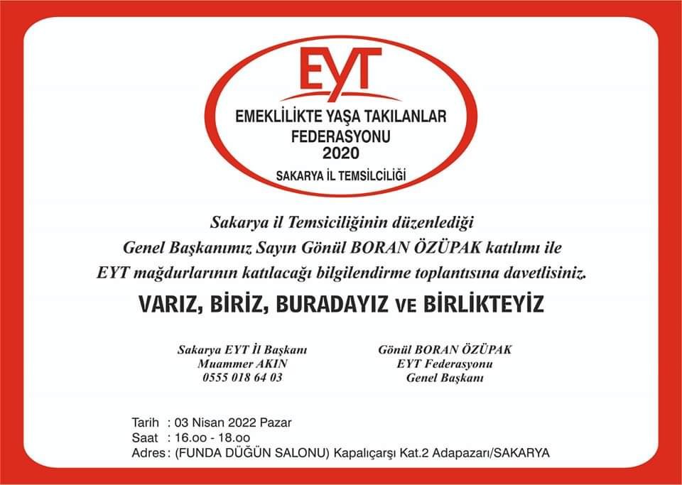 gonulborann's tweet photo. Değerli Kaderdaşlarım,

03 Nisan 2022 Pazar günü 16:00-18:00 saatleri arasında Sakarya'da sizlerle birlikte olacağım.

Tüm #EmeklilikteYaşaTakılanları bekliyorum.
VARIZ, BİRİZ, BURADAYIZ ve BİRLİKTEYİZ... https://t.co/yaRrgkDjjG