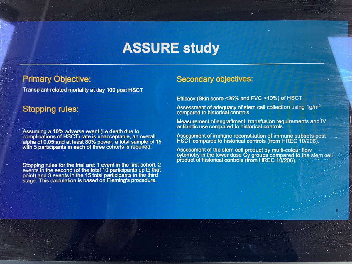 CarmeloGurnari's tweet photo. #EBMT22 ASSURE study data presented by John Moore on HSCT in patients with SSc with Cyclophosphamide doses of 100-140mg/kg are safe and may lower the cardiac toxicity which is the main determinant of TRM in such populations @TheEBMT @RaffaellaGrecoM #ADWP https://t.co/VlaJSo1xWA