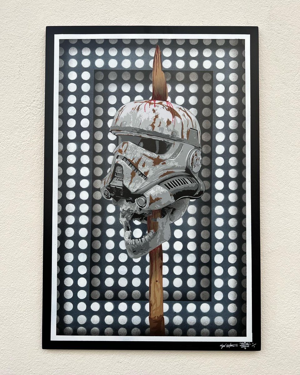 #nme1 - Stormtrooper high stakes -

Latest of the paintings to drop is this signed and numbered Stormtroopers helmet and skull. 
Size- 60cm X 90cm 

Dm for all details……
