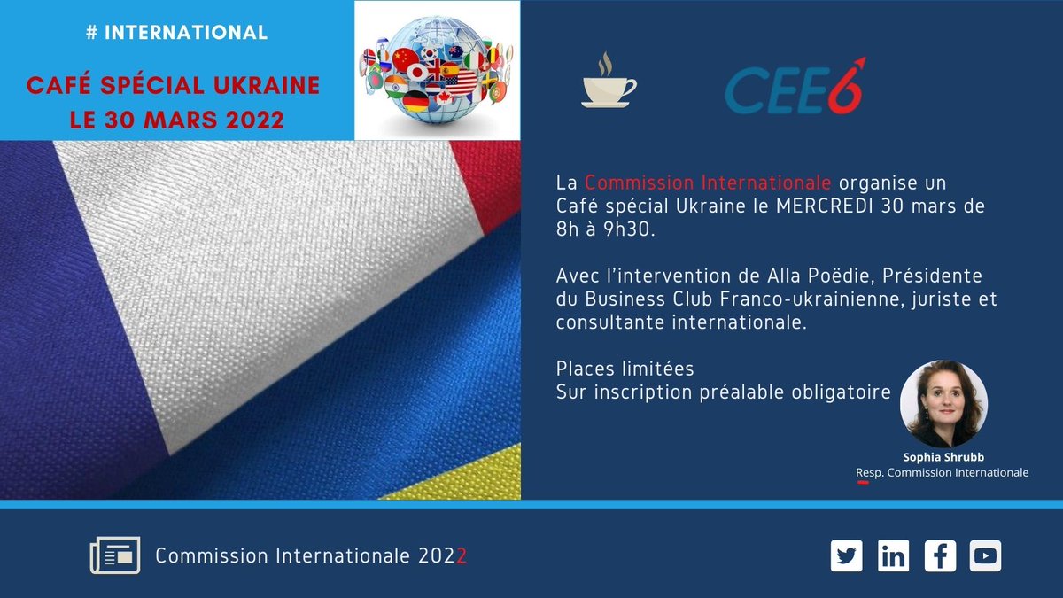 CEE6_LYON's tweet photo. #événement #CEE6 #café #commissioninternationale #Ukraine
☕🌎 Le #CEE6 propose un Café "spécial Ukraine", le MERCREDI 30 mars, avec l'intervention de Alla Poëdie, Présidente du Business Club Franco-ukrainienne
📌 Inscription obligatoire - Places limitées
Contact @soshrubb https://t.co/rPeB30Cjlj