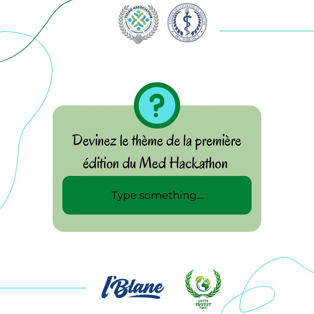 TIZIADAssociat1's tweet photo. À votre avis quel sera le thème de cette première édition ? 🤔✨

Tell us in the comments ! 

@tiziad_association @cemc_fmpc @lblanee @greeninvest.fmpc 

#medhackathon https://t.co/fY1CyZNeRP