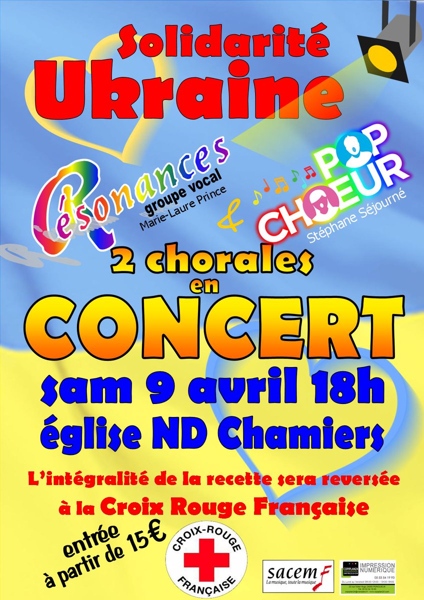 PopChoeur's tweet photo. Le  « Groupe vocal Résonances « , dirigé par Marie-Laure PRINCE et la chorale « Pop Choeur,« , dirigée par Stéphane SÉJOURNÉ s’unissent pour un concert en faveur de la population Ukrainienne intitulé « Solidarité Ukraine » 🇺🇦 https://t.co/MjgHcCnYR6