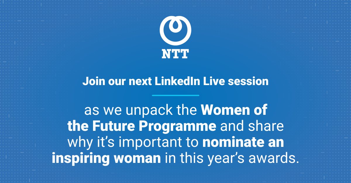 nttdata_inc's tweet photo. Join our @womenoffuture LinkedIn Live session with John Lombard, Adana Legros, Nur Adlyka Ainul Annuar & Pinky Lilani as they discuss why it’s important to nominate an inspiring woman in this year’s awards.
Tune in March 29th at 16h30 SGT: https://t.co/KHsbdogSGM #WOFP https://t.co/s9nHDlcZUw