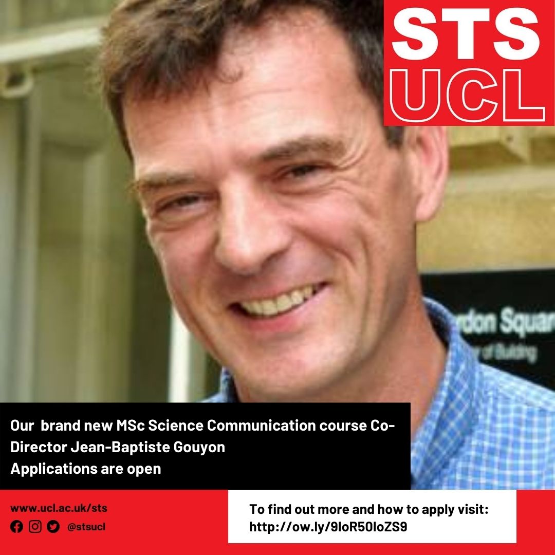 stsucl's tweet photo. Introducing Jean-Baptiste Gouyon Co-Director for our brand new MSc Science Communication course. To find out more about our team and to apply : https://t.co/uTwUDlZ0BW
#scicomm #scienceinfluencers #globalscicomm #sciencecommunication #STS https://t.co/M1X0gHoHg3