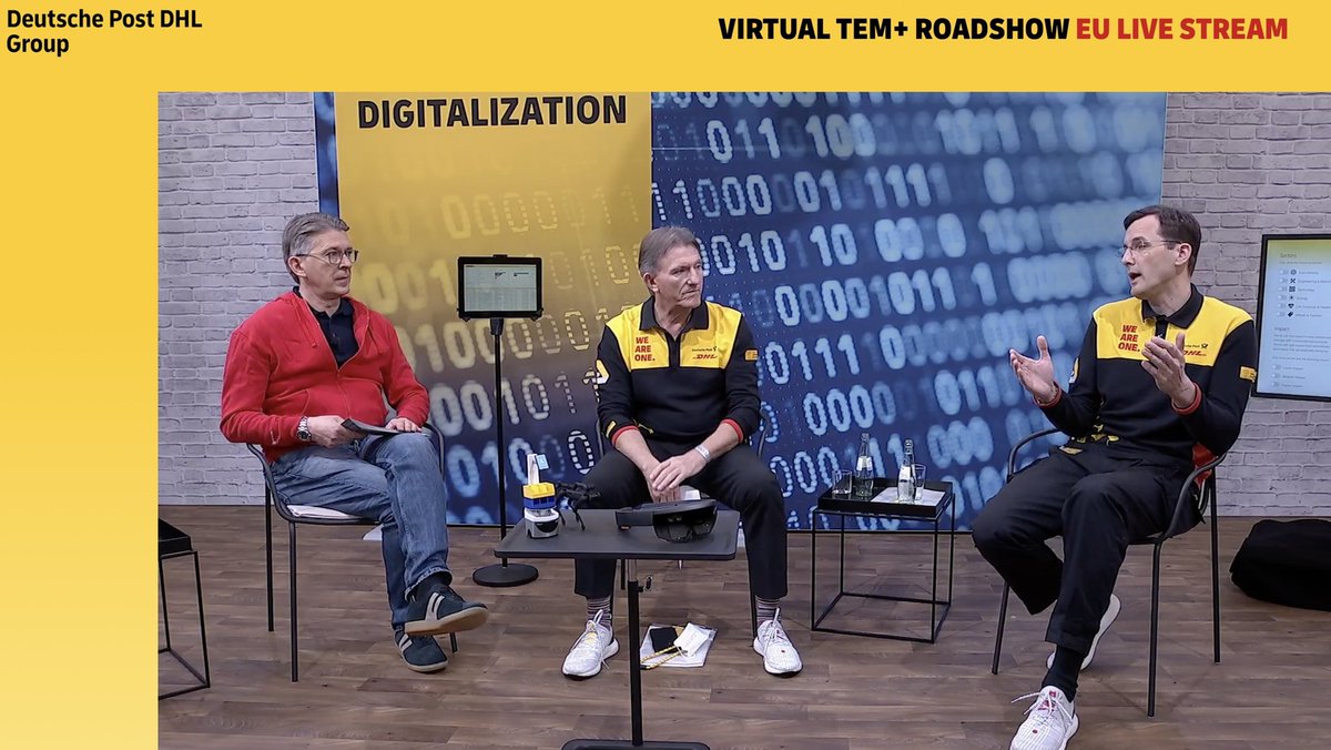 MarkusReckling's tweet photo. Live from the #DPDHL Virtual Top Executive Meeting:  Tobias Meyer and Ken Allen talking to Martin Ziegenbalg about the global mega trends impacting our business: #globalization, #ecommerce, #digitalization and #sustainability . https://t.co/CUbkcWpLLM