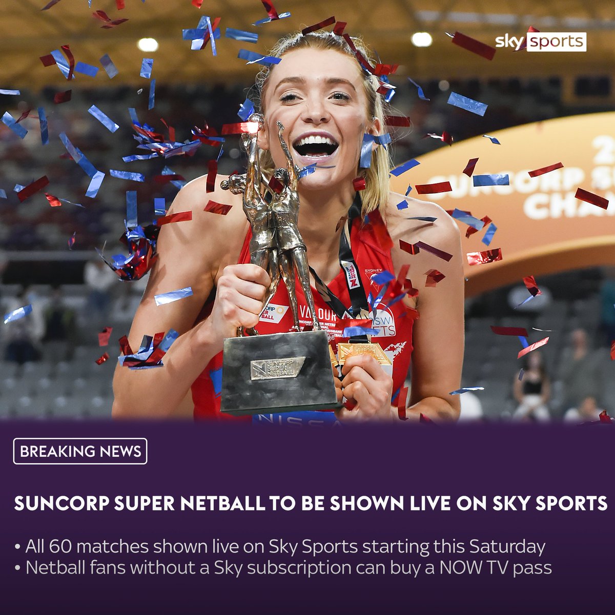 Sky Sports continues to be the home of Netball with some exciting news that we will show all 60 games of the Suncorp Super Netball this season live on Sky Sports in partnership with Netball Australia all starting this Saturday! 🎉

We can’t wait - bring on the weekend!🏐