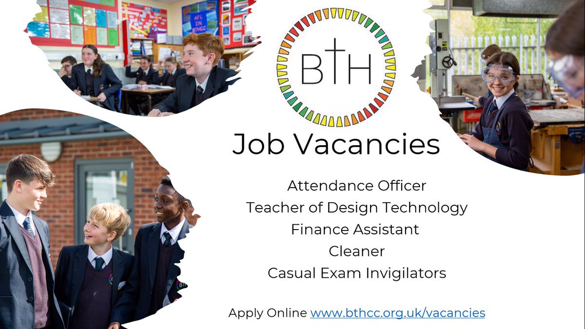 bthcc_college's tweet photo. We have lots of exciting new job vacancies currently at BTHCC.
We are currently recruiting for:

Attendance Officer
Teacher of Design Technology
Finance Assistant
Cleaner
Casual Exam Invigilators

To find out more go to https://t.co/dRW0pyCwGo https://t.co/3hvuMIIxV7
