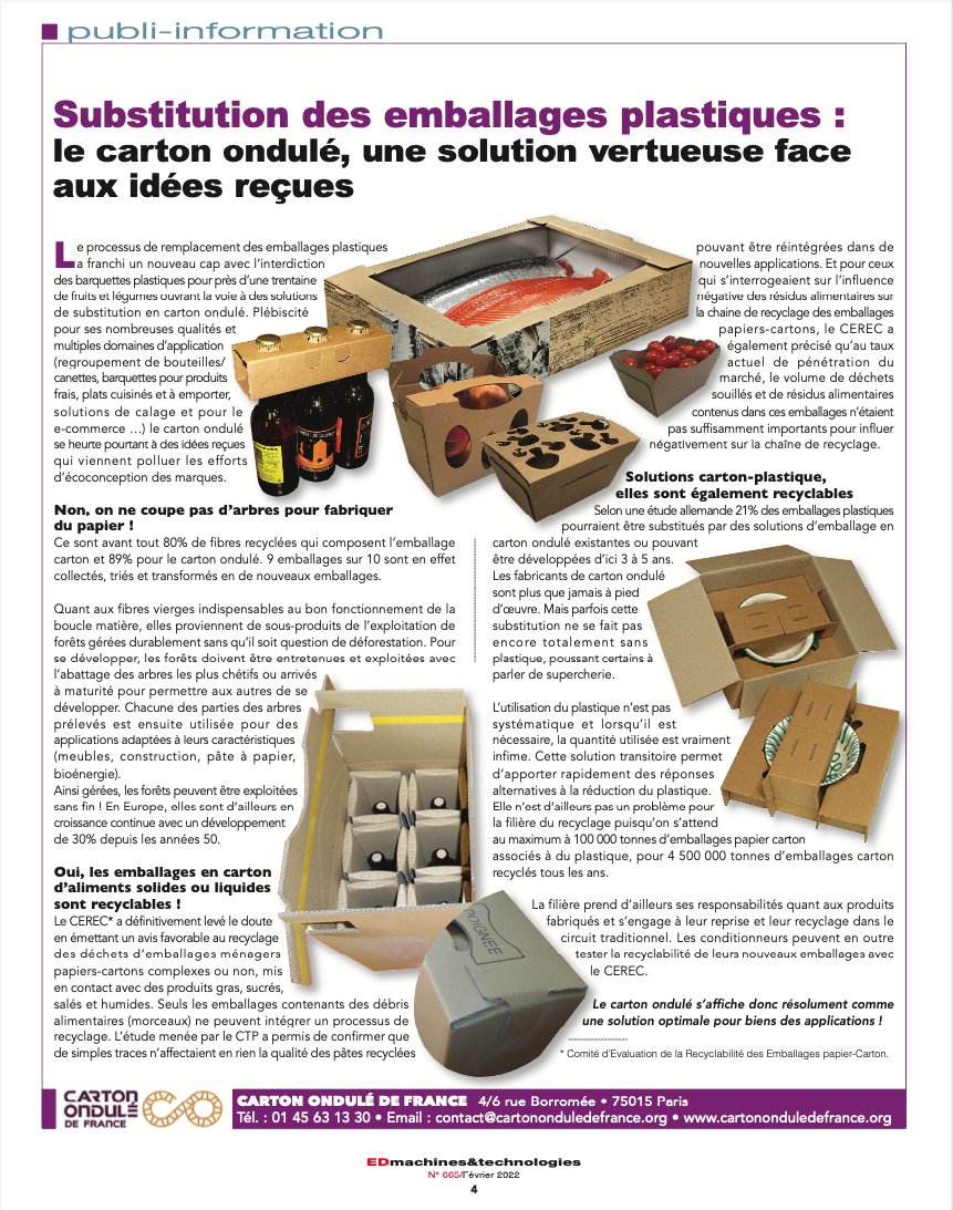 Consultez notre publi-information disponible dans <a href="/EmballageDigest/">Emballage Digest</a> et dédié à la substitution des emballages plastiques. Le carton ondulé est une solution optimale pour bien des applications !