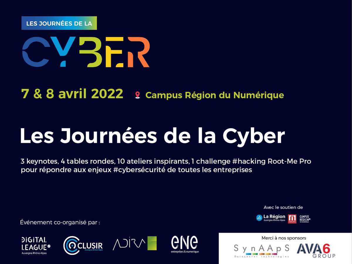 ADIRA (@adira_asso) on Twitter photo 🔐 Découvrez le programme du 2ème jour des Journées de la Cyber 👇
🗣 Keynote: L’évolution de la menace dans un contexte géopolitique tendu
📢 Table ronde: Menaces futures
💻 Atelier: Intégration de la sécurité aux projets d’externalisation d’un S.I
👉 journees-cyber.com 🔐 Découvrez le programme du 2ème jour des Journées de la Cyber 👇
🗣 Keynote: L’évolution de la menace dans un contexte géopolitique tendu
📢 Table ronde: Menaces futures
💻 Atelier: Intégration de la sécurité aux projets d’externalisation d’un S.I
👉 journees-cyber.com