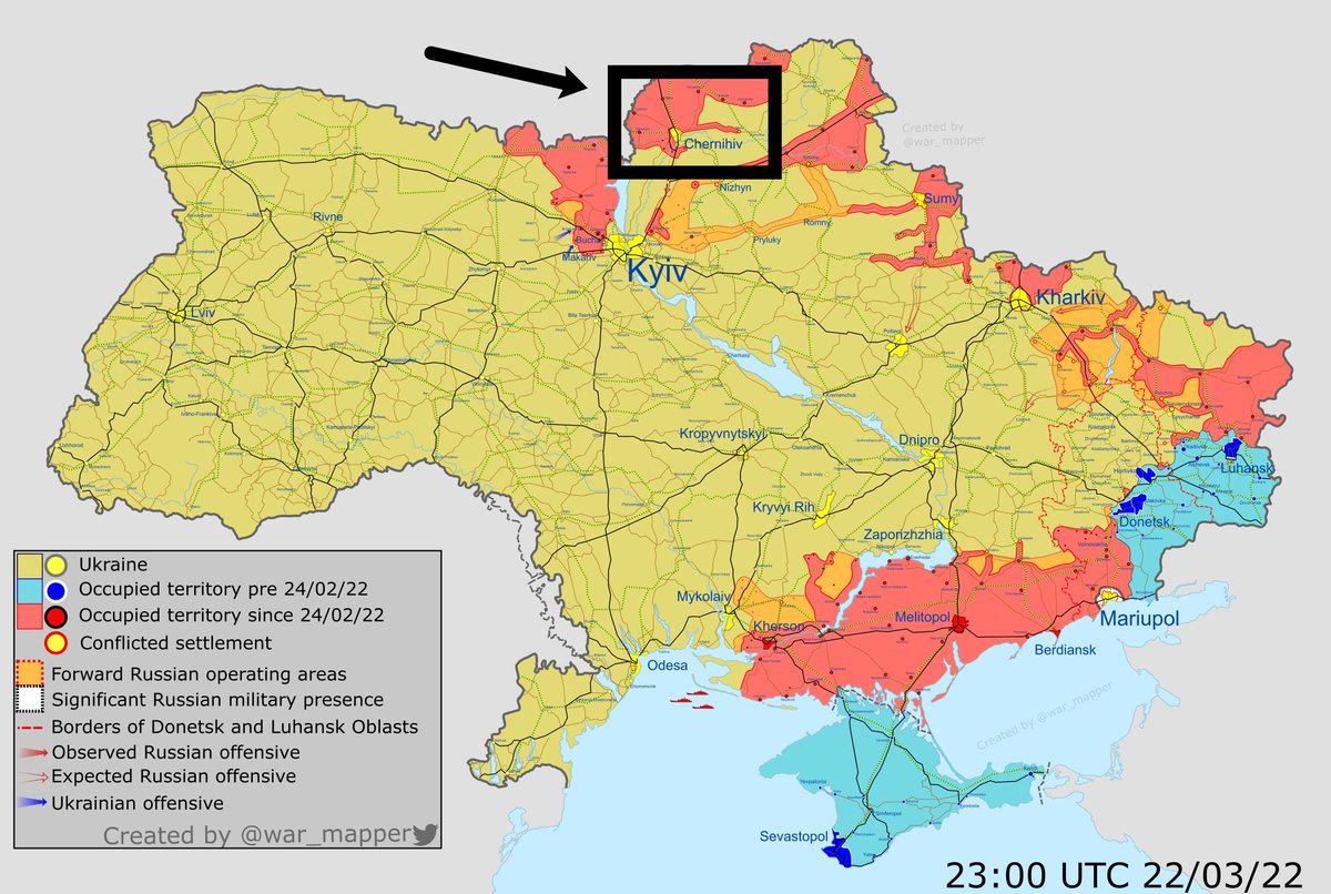 Muy atentos a la ciudad de Chernihiv, una ciudad de 200.000 habitantes a unos 120 km al norte de Kiev.

Ya estarían sin luz y agua y el ejército ruso está a punto de cerrar el cerco. Se podría convertir en la nueva Mariupol.