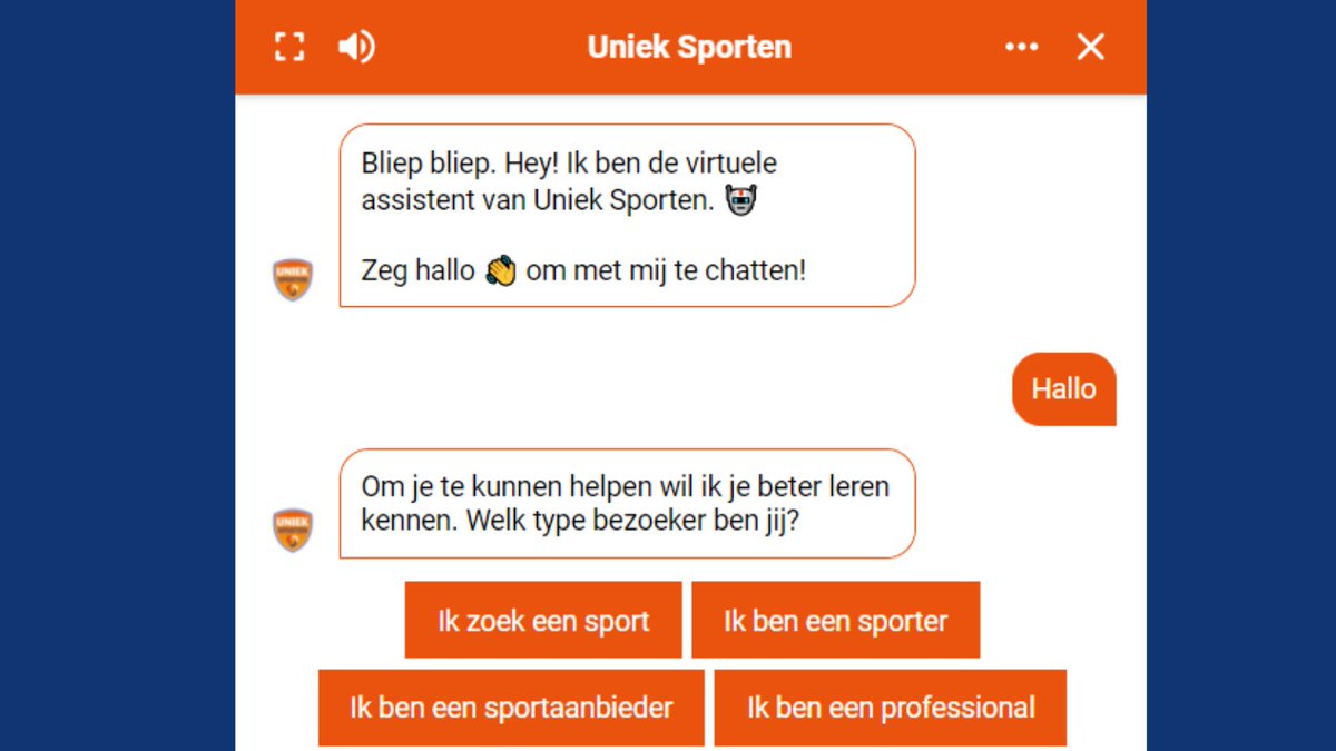 UniekSporten's tweet photo. In samenwerking met Techonomy hebben we een virtuele assistent ontwikkeld. De Uniek Sporten chatbot helpt onder andere bij het vinden van een passende sportaanbieder in de buurt. De virtuele assistent is zowel via tekst als spraak te bedienen.
#virtueleassistent #chatbod https://t.co/sm7H5wL0w5