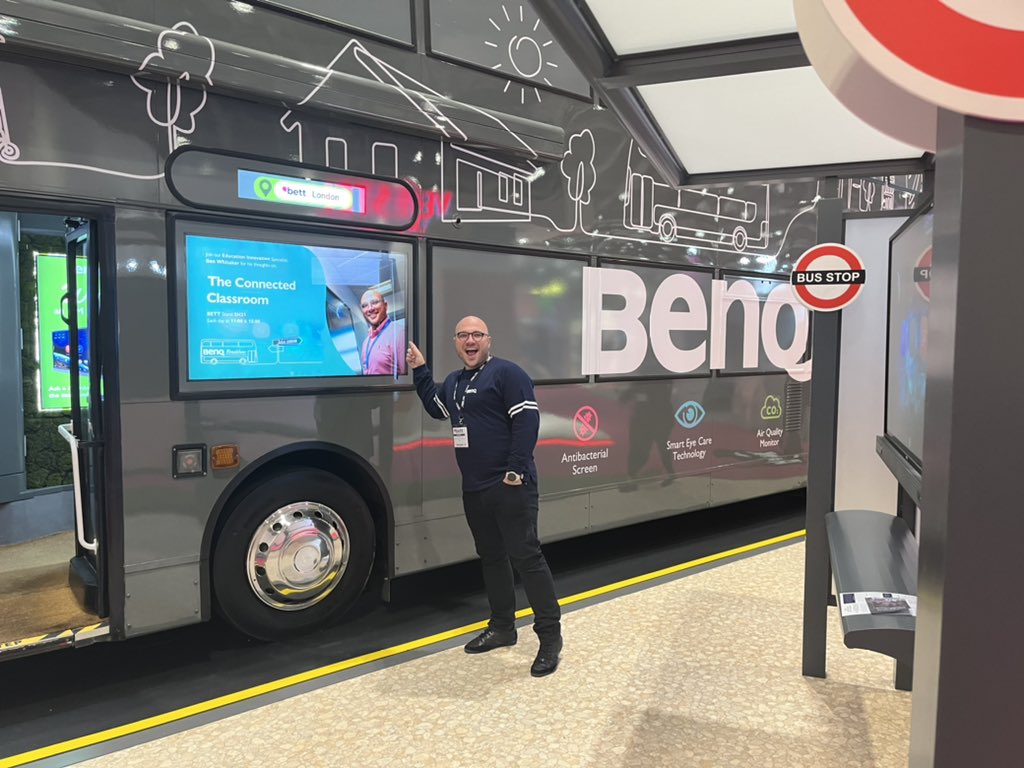 Itsbenwhitaker's tweet photo. My face on a #BenQBus @Bett_show. Come see us in SH21. I’m delivering a presentation on The Connected Classroom at 11am & 3pm each day 🚌 https://t.co/G7wLsFdwx4