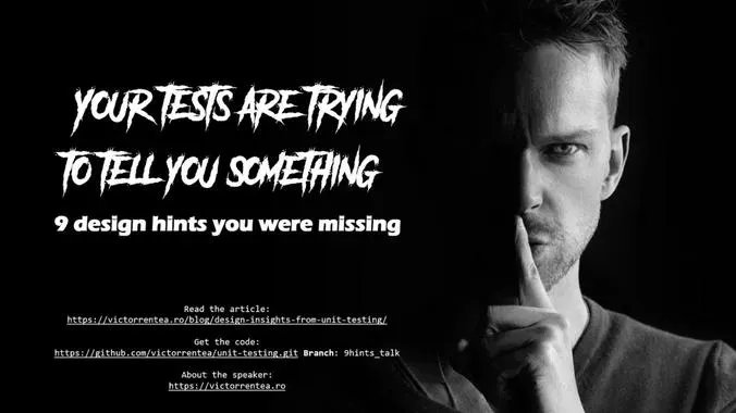 VictorRentea's tweet photo. Your tests are trying to tell you something!
Join the debate about 9 design hints you can get from writing unit tests. 
All free, remote and safe. Next Tue from 18:00 RO time.

Shared with ♥ to my community: https://t.co/SvD8nubzGi https://t.co/xJRzZMDU7Y