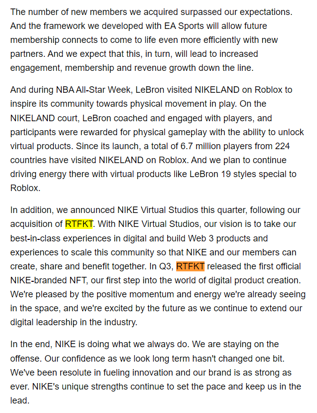 Alts_Anonymous's tweet photo. Transcript from the @Nike investor call talking about @RTFKTstudios, NIKE Virtual Studios, NIKELAND and @KingJames among other things 👀

I like the sound of how progressive Nike is looking to be in this space 🦾 https://t.co/wzhLaKRQej
