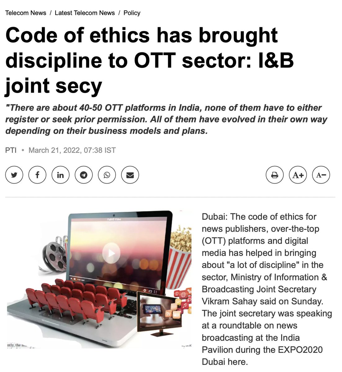 Sanjay Salil of MediaGuru shared some interesting anecdotes about the news business: ET Telecom 

Read more at:
lnkd.in/dhzBz6Uk

#business #telecom #MIB #Informationandbroadcasting #indiaatdubaiexpo #dubaiexpo2020 #future #OTT #indianpavilion #indiaexpo <a href="/indiaexpo2020/">India at Expo 2020</a>